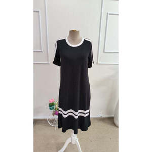 Women's Short-Sleeve Crew Neck Midi <b>Viscose</b> <b>Dress</b> with Stripe Detail, 37492 - Black - Product Image 3