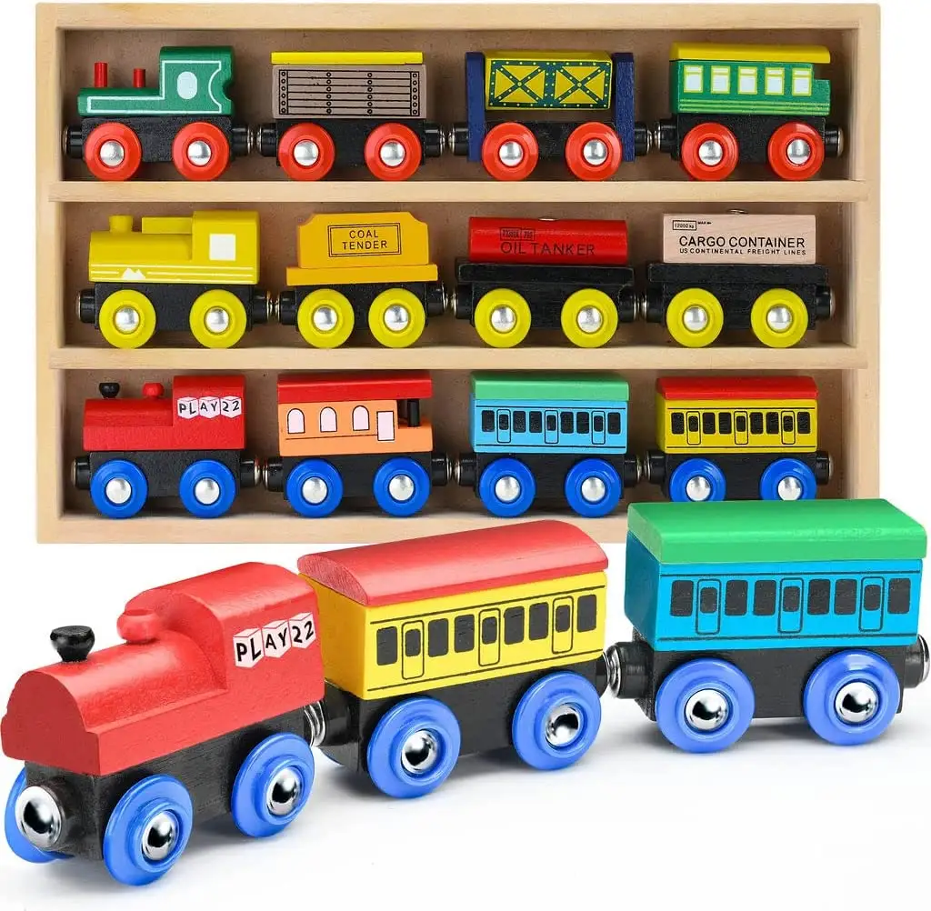 Wooden Train Set 12 PCS Train Toys Magnetic Set Includes 3 Engines Toy Train Sets For Kids