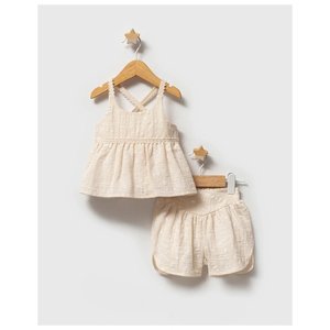 Conjuntos de Ropa Casual para Bebé Niña, 2 Piezas, Diseño Floral Beige, 100% Algodón Transpirable, Talla 12-18 Meses, Estilo Bohemio, Pantalones Cortos - Product Image 1
