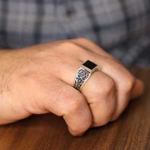 925 Sterling <b>Silver</b> Men's <b>Ring</b> with Black Square Onyx Stone Bezel Setting Geometric Pattern <b>Emerald</b> Cut for Everyday Wear - Product Image 2