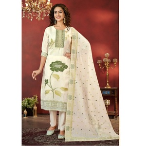 Nuevo 3 piezas tradicional indio señoras boda desgaste diseñador Kurti pantalón Dupatta puro algodón Jequard mano trabajo mujeres - Product Image 1