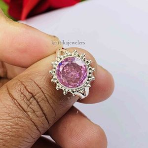 Bijoux fins en gros-925 Sterling Silver Natural Rose Quartz Anneaux Lunette Réglage Classique pour les Mariages Parties pour les Indiens - Product Image 2