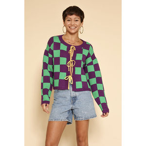 Cárdigan largo de Mardi Gras con lazo a cuadros en la parte delantera, capucha, estampado patchwork y decoración de botones - Product Image 1