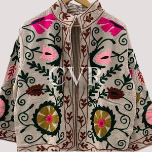 Abrigo de Algodón Bordado a Mano con Flores, Cuello Mandarín, Manga Tres Cuartos, Estilo Bohemio, Talla Grande, Ropa Exterior Casual de Primavera para Mujer - Product Image 3