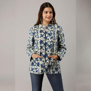 Light Blue Vintage Cotton <b>Quilted</b> <b>Jacket</b> for Summer Embroidered Lace Button Decor Waterproof Breathable Finished Knitted Fabric - Product Image 1
