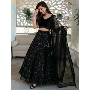 Impresionante Vestido de Gala Negro con Bordado en Organza, Estilo Línea A, Lehenga Choli para Invitadas de Boda, para Fiestas Formales, Largo hasta el Suelo, Cintura Imperio - Product Image 5