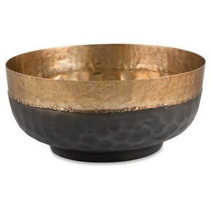 Bol à salade en métal bicolore de luxe, or antique avec décor martelé noir, décoration nordique pour la maison, bol à fruits - Product Image 1