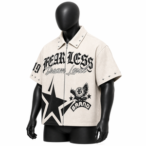 Camisa Oversize Personalizada para Hombre con Cremallera, Manga Corta, Corte Holgado, Estilo Urbano, Estampado Gráfico de Estrellas, Venta al por Mayor OEM - Product Image 3