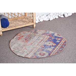 Alfombra Vintage de Lana Hecha a Mano, Alfombra Rectangular Abstracta para Pasillo, Color Rojo y Azul, Retazos, Área Grande de 2,3 Pies X 2,3 Pies - Product Image 3