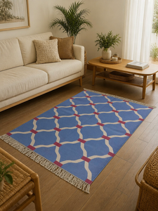 Alfombra Kilim de Algodón Grueso con Patrón Geométrico Hexagonal de Rejilla Marroquí Azul Aciano Hecha a Mano, Tejido Plano Escandinavo Moderno - Product Image 4