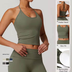 2024, venta al por mayor, camisetas personalizadas para mujer, camisetas sin mangas Halter ligeras transpirables de Color sólido a la moda para mujer - Product Image 6