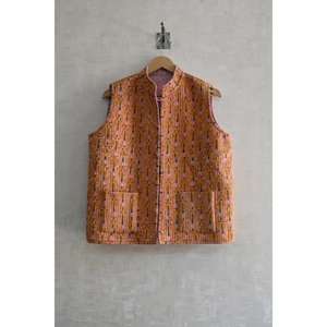 Chaleco Acolchado de Algodón Ecológico para Mujer, Estilo Étnico, Hecho a Mano con Estampado de Bloques, Sin Mangas, Cuello Alto, Color Personalizado - Product Image 1