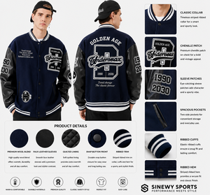 Veste de sport en PU bleu marine pour homme avec broderie, style streetwear, coupe classique, col rabattu - Product Image 1