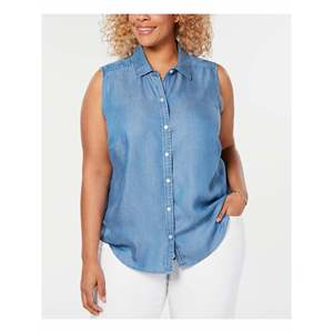 Camicia Casual Senza Maniche con Colletto per Donna Charter Club, in Denim e Chiffon con Motivi Floreali e Tinta Unita, Blu, Taglia XL, per Primavera - Product Image 1