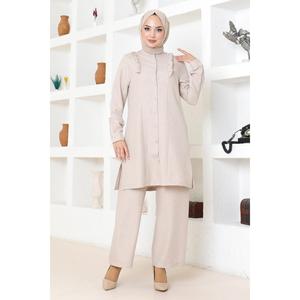 Conjunto de 2 Piezas para Mujer, Estilo Casual, Color Beige, con Detalle de Volantes, Top Largo, Pantalones Cortos a la Rodilla, Cuello Redondo, 100% Poliéster-MSW19224-3 - Product Image 1