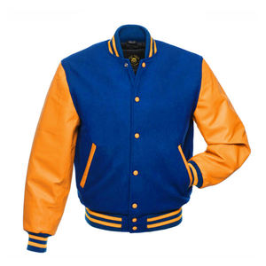Chaqueta universitaria azul con mangas doradas para hombre, chaqueta Letterman con mangas de cuero dorado, chaqueta universitaria de cuero personalizada - Product Image 2