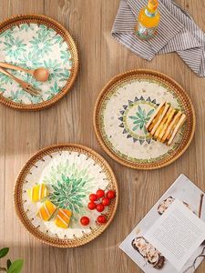 Decorative Rattan Wicker <b>Serving</b> Tray Mother Pearl Inlay-Multi-Functional Bread Basket Fruit Storage Tray for Coffee Table Use - Product Image 2