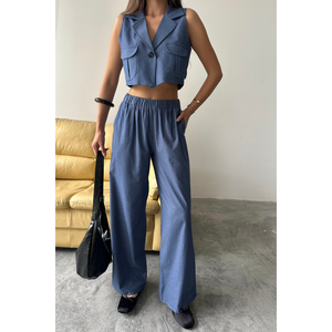 ชุดเสื้อครอปแขนกุดและกางเกงขายาวผ้าอินดิโก้เทนเซลสำหรับผู้หญิง - Product Image 3