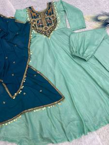 Indian Designer Gown Collection Soft <b>Gold</b> Crush Silk <b>Fabrics</b> With Embroidery & <b>Sequins</b> Work Fancy Lace Latkan For Women Wear - Product Image 4