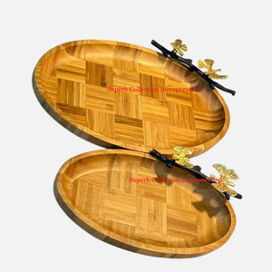 Plateau de service de Dessert en bois ovale attrayant fait à la main or Ginkgo poignée en métal accessoires de vaisselle solides pour la restauration - Product Image 1