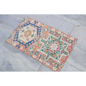 Turkish Small Rug 1.8x3 ft, <b>Red</b> Blue Camouflage Rug <b>Wool</b> - Product Image 2