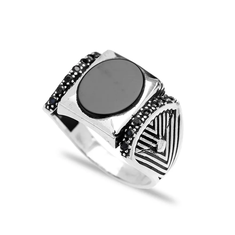 Vierkante Onyx Edelsteen Ronde Black Zircon Stone Ontwerp Poef Heren Ring Turkse Handgemaakte Groothandel Authentieke Zilveren Mannen Ring