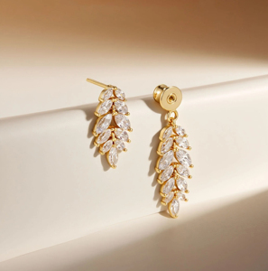 Pendientes Colgantes de Hoja con Baño de Oro y Circonitas, Lujosos Pendientes de Cristal Marquise para Novia, Boda, para Mujer - Product Image 2