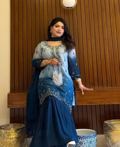 Designer Beautiful Georgette Silk Faux Fur Wool Embroidery Sequence Work Top Sharara Dupatta Party Wear Low Price Wholesale - Product Image 1