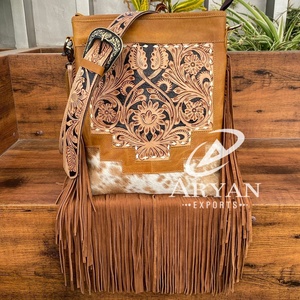 High Quality Handcrafted <b>Tooled</b> <b>Leather</b> Large Fringe Crossbody Bag Women Luxury Conceal Carry Designer Cowhide Shoulder Handbag - Product Image 1