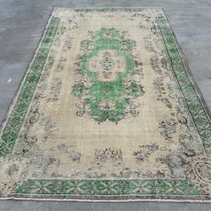 พรมตุรกี, พรมวินเทจขนาด 5.3x8.6 ฟุต, พรมขนสัตว์สีเขียวลายนามธรรม - Product Image 1
