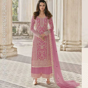 Attrayant Designer Rose Robe Collection Faux Georgette Tissu Avec Broderie Séquence Travail Pour Les Femmes Festival Porter - Product Image 1