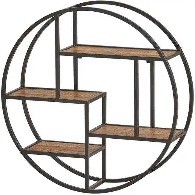 European styled vintage industrial finish round mango wood iron frame bookshelf/display rack at low cheap and best price