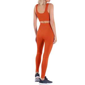 Ensemble de yoga côtelé pour femme, legging taille mi-haute, vêtements de sport 2 pièces, col rond sans couture, logo frontal, longueur intégrale, couleur unie, séchage rapide - Product Image 2