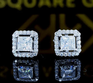 Pendientes de moissanita de corte princesa, pendientes de tuerca estilo Halo, pendientes de empuje hacia atrás, pendientes de boda para mujer, oro blanco de 10K - Product Image 1