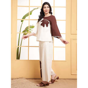 DEEBACO Women's Solid Off <b>White</b> Cotton Embroidered Patch Work Co-Ord <b>Set</b> Boat Neck Flared Sleeves Top and Ankle Length Trouser - Product Image 4
