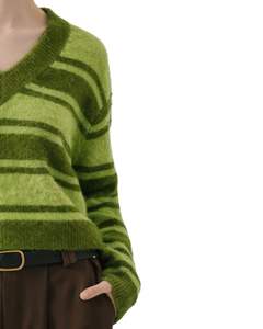 Pull en tricot à col en V pour femme à rayures vertes personnalisées, tissu doux et moelleux, manches longues, pull décontracté d'hiver, haut tendance pour la vente en gros - Product Image 4