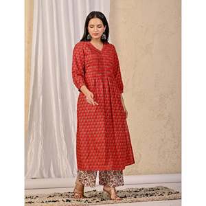 Ensemble Kurta et pantalon en coton imprimé rouge, style Salwar Kameez, broderie, tissu en filet, pour filles, tenue ethnique indienne pour les fêtes - Product Image 5