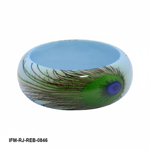 Handmade Light Blue Resin Bangle <b>Bracelet</b> with Peacock <b>Feather</b> Design Wide Chunky Statement Jewelry for Women - Product Image 1