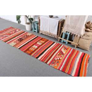 2.9x10.2 ft Turkish Rug, Vintage <b>Runner</b> Rug, <b>Red</b> Orange Animal Print Wool Rug - Product Image 2