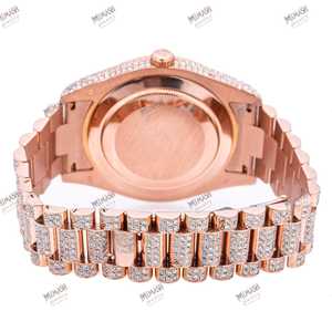 Nouveau lancement montre-bracelet en diamant Moissanite entièrement glacé en or rose avec cadran baguette rose accrocheur barre de bâton montre à date automatique - Product Image 5