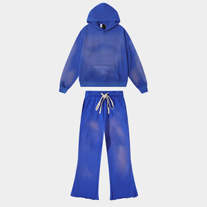 Survêtement personnalisé Survêtement deux pièces délavé à l'acide pour hommes Streetwear Distressed Cut Sew Sun Faded Hoodie et ensemble de pantalons de survêtement - Product Image 3