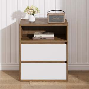 Modern 2-Drawer Nightstand with Open <b>Storage</b> Shelf, Walnut Wood Bedside <b>Table</b>, Minimalist Bedroom <b>End</b> <b>Table</b> with Drawer Organize - Product Image 3