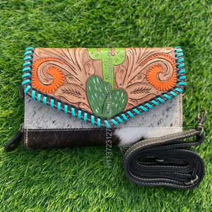 กระเป๋าคลัทช์หนังวัวสีเทอร์ควอยซ์มาใหม่มีสไตล์เคสโทรศัพท์แกะสลักด้วยมือสำหรับผู้หญิงทันสมัยสินค้าใหม่ - Product Image 3