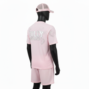 Ensemble de vêtements de sport pour homme en polyester de haute qualité et short en mesh 180 GSM léger rose avec logo thermocollé Ensemble de jogging pour homme - Product Image 5