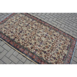 พรมตุรกีวินเทจคลาสสิกสีเบจสีแดง3.7 x 6.7ft พื้นที่ขนาดใหญ่ขนสัตว์เย็บปะติดปะต่อกันด้วยยางรองสำหรับห้องโถงหรือห้องนอน - Product Image 4