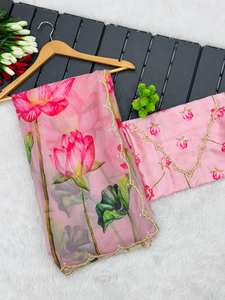 ชุดปาร์ตี้อินเดียลายดอกไม้ส่าหรีพร้อมลูกปัดและงานทำมือชายแดนคาตาดานากับเสื้อแบบไม่เย็บสำหรับเสื้อผ้าปากีสถานสำหรับงานแต่งงาน - Product Image 3