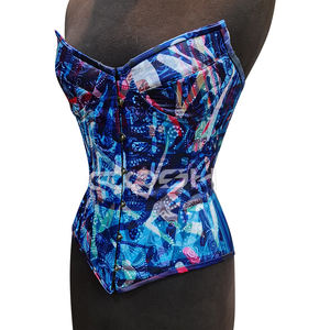 Corsé vintage de satén azul con estampado azteca, con copas con aros, varillas de acero y cierre frontal tipo busk. - Product Image 4