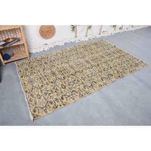 Tapis turc vintage traditionnel beige et bleu à motifs floraux 4.5x7.3 pieds en laine avec motif patchwork en latex - Product Image 3