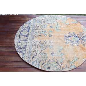 Alfombra Turca, Redonda de 4.5x4.5 pies, Alfombra Vintage con Diseño Floral en Naranja y Azul - Product Image 3