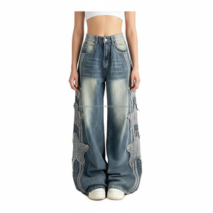 Jean baggy style Y2K à jambe courbée pour homme, en denim vintage délavé, tricoté, hiver, logo personnalisé, coupe ample rétro streetwear - Product Image 1